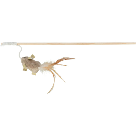 Dřevěná udice s plyšovou myší a peřím 50 cm