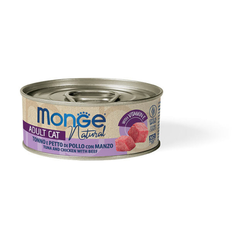 MONGE NATURAL tuňák s kuřecími prsy a hovězím pro kočky 80 g